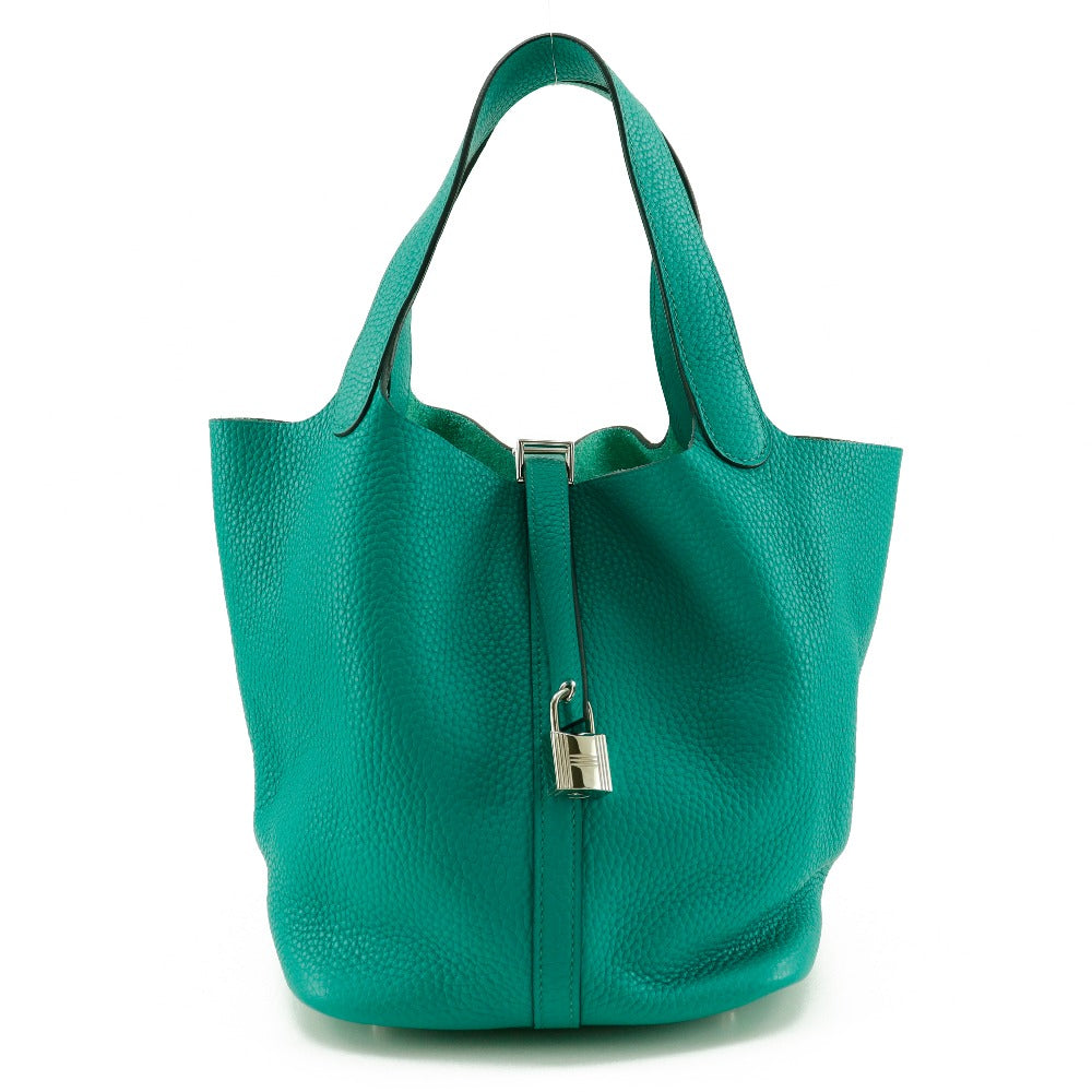 Hermes Handbag Taurillon Clemence Pico Lock Mm Women Green Tan Travel Bag