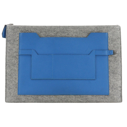 Hermes Clutch Bag Felt Epsom Too Doo Unisex Unisex Blue Gray