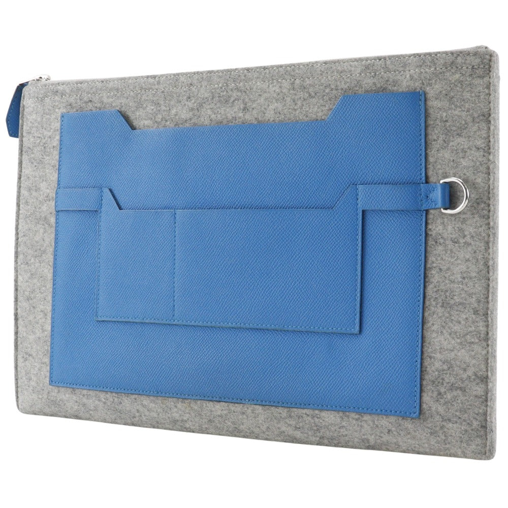 Hermes Clutch Bag Felt Epsom Too Doo Unisex Unisex Blue Gray