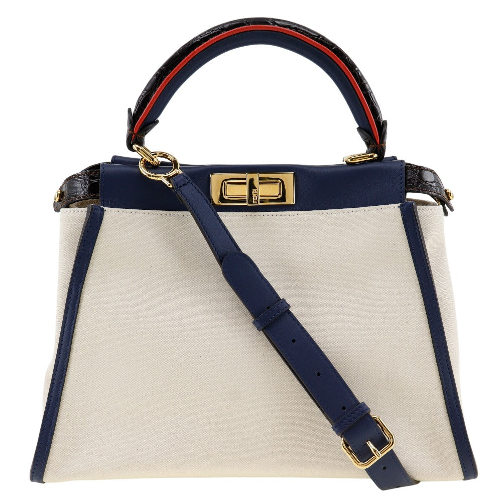 Fendi Handbag 8Bn290 Calfskin 2Wayshoulder Peekaboo Women Canvas White Navy Shoulder Bag