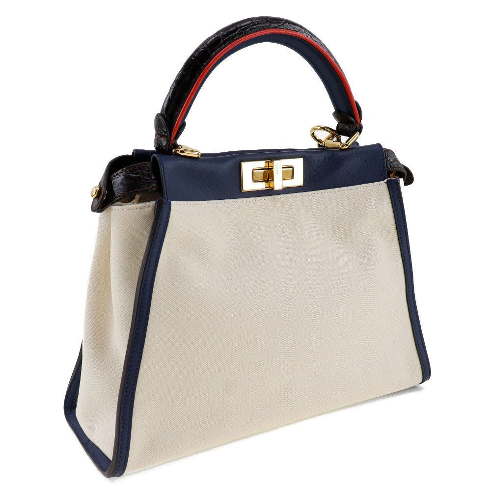 Fendi Handbag 8Bn290 Calfskin 2Wayshoulder Peekaboo Women Canvas White Navy Shoulder Bag