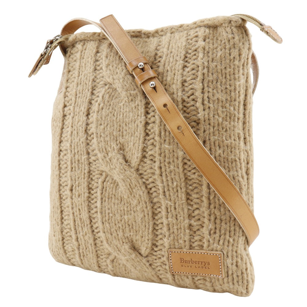 Burberry Label Shoulder Bag Wool Knit Women Beige Blue