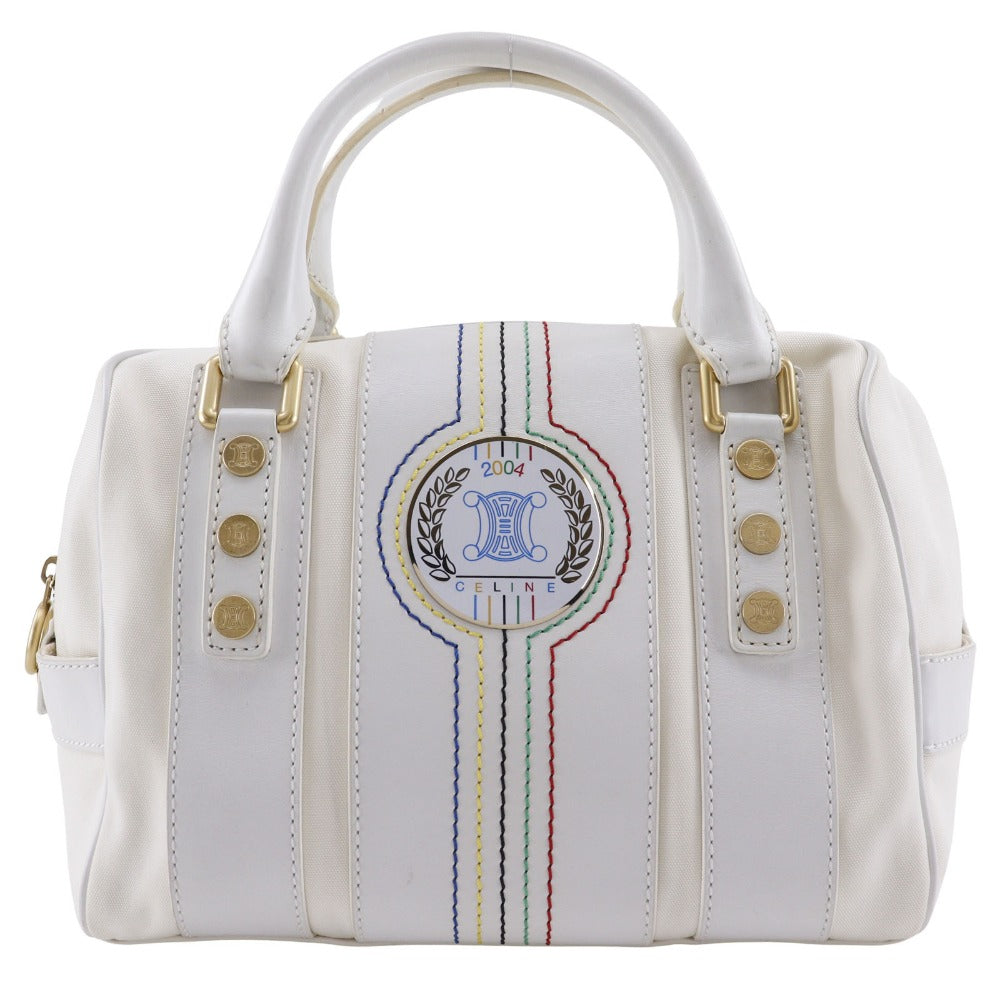 White Athens Olympics Limited Mini Boston Women Leather Canvas Travel Bag