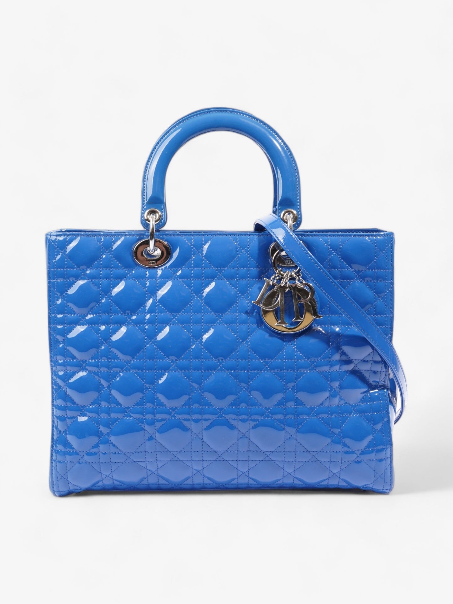 Dior Christian Lady Handbag Leather Patent Blue Travel Bag