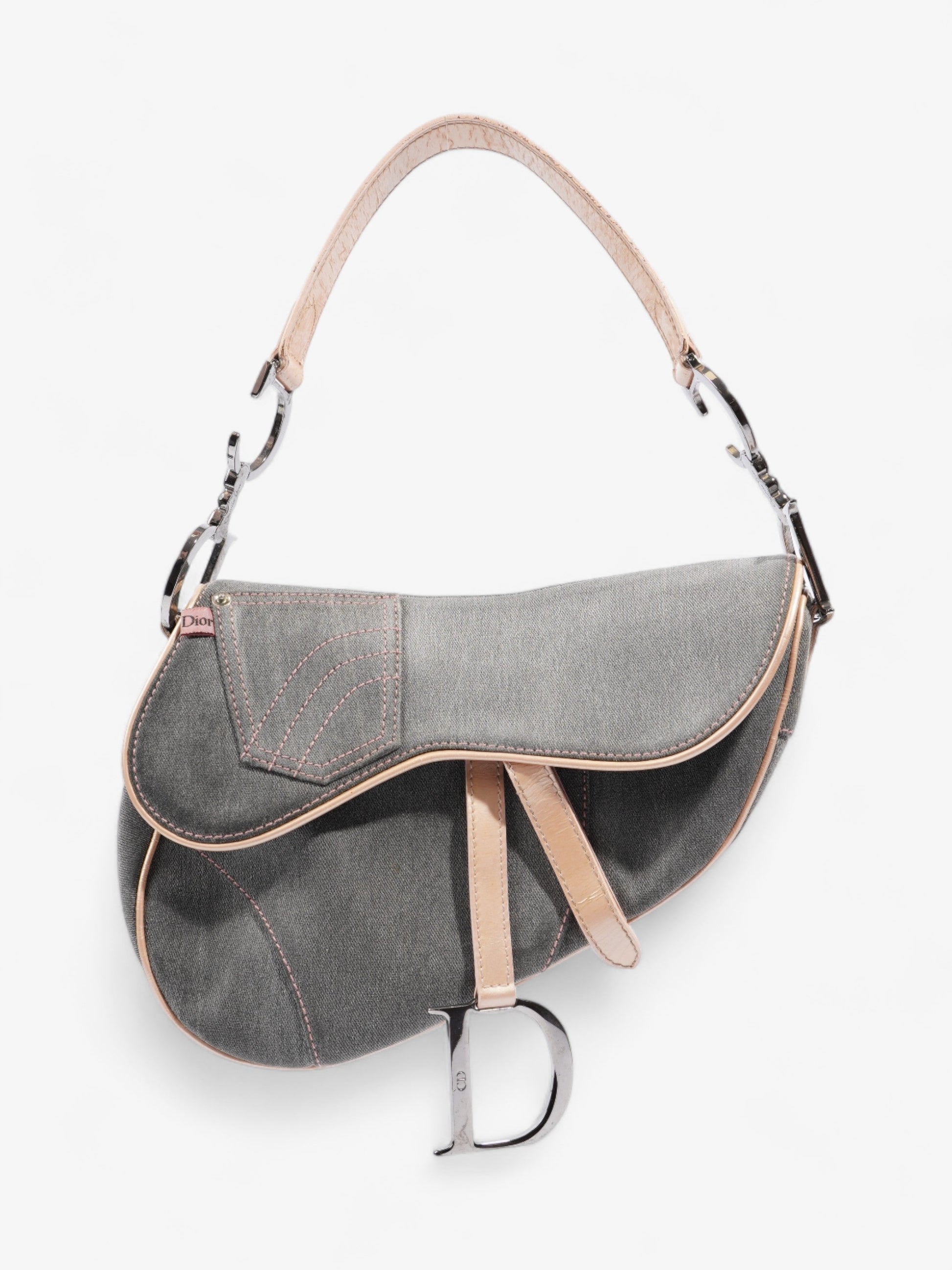 Dior Christian Saddle Grey Pale Shoulder Bag Denim Pink Gray