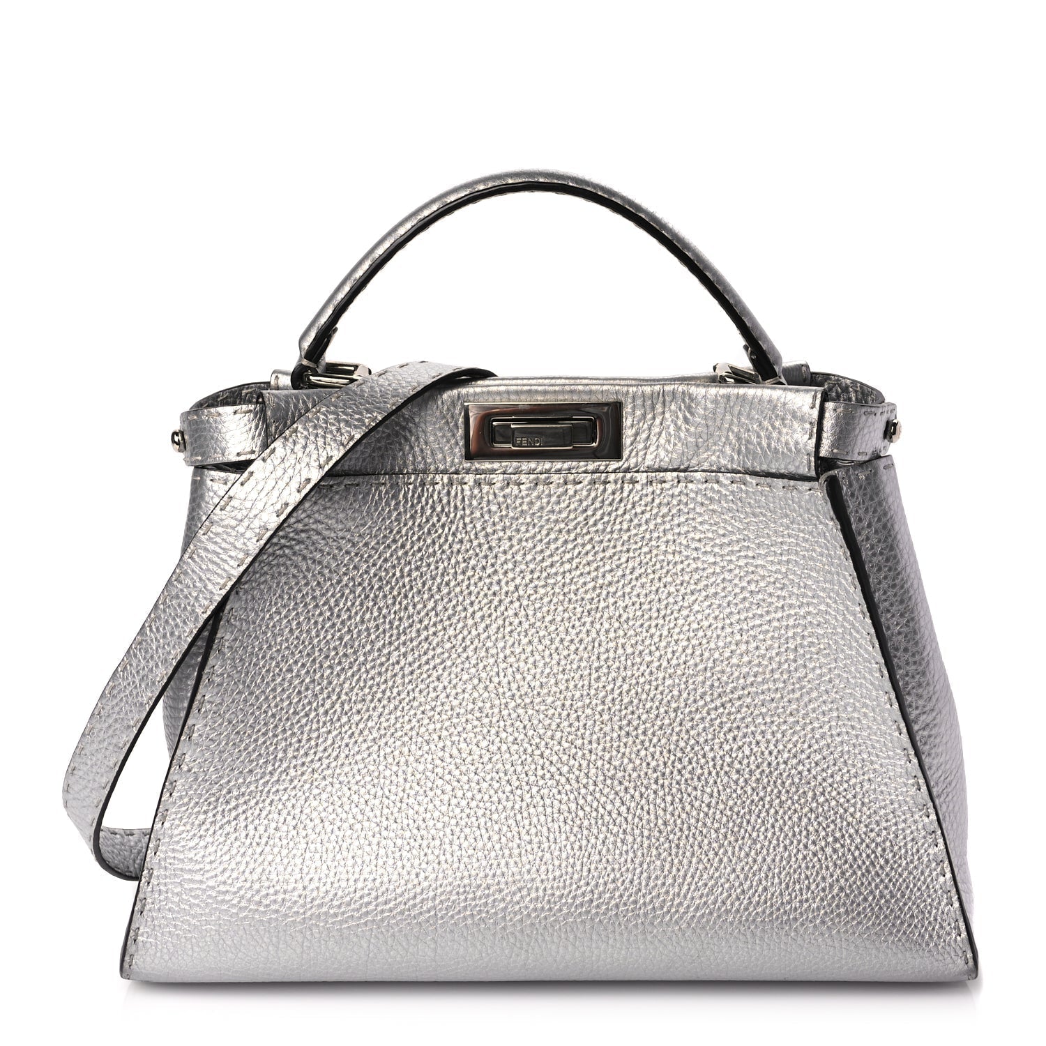 Fendi Handbag Cuoio Romano Lux Selleria Peekaboo Iconic Satchel Leather Silver Medium Satchel Bag