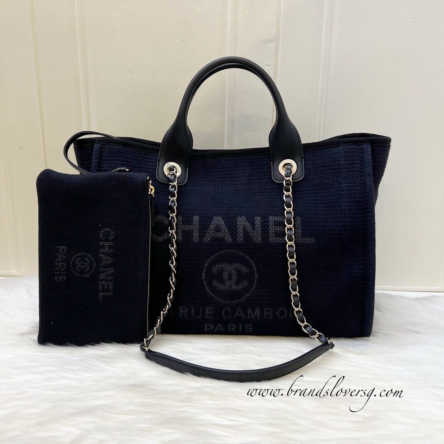 Chanel Medium Deauville Shopping Tote in Black Fabric, Black Leather and LGHW (Model: )