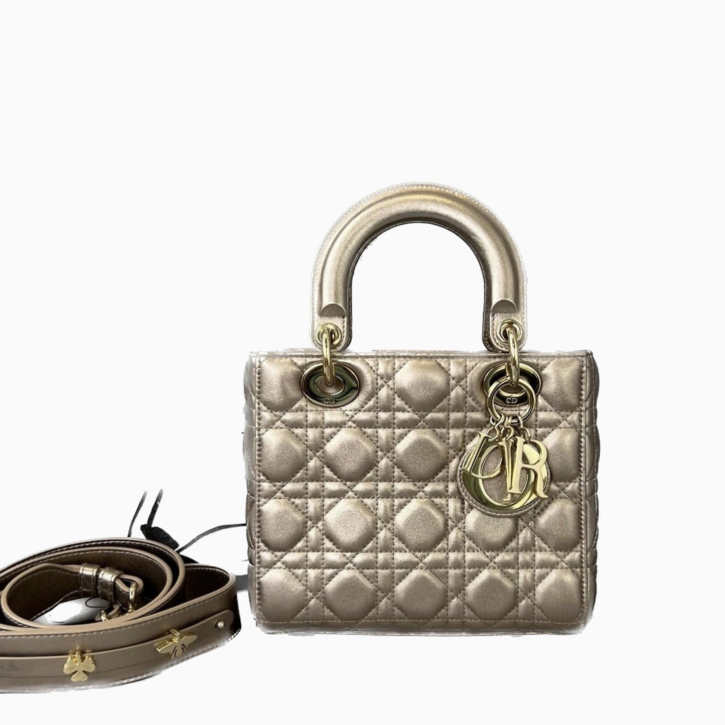 Dior Lady Abc Champagne And Metallic Cannage Lambskin Gold Small Travel Bag