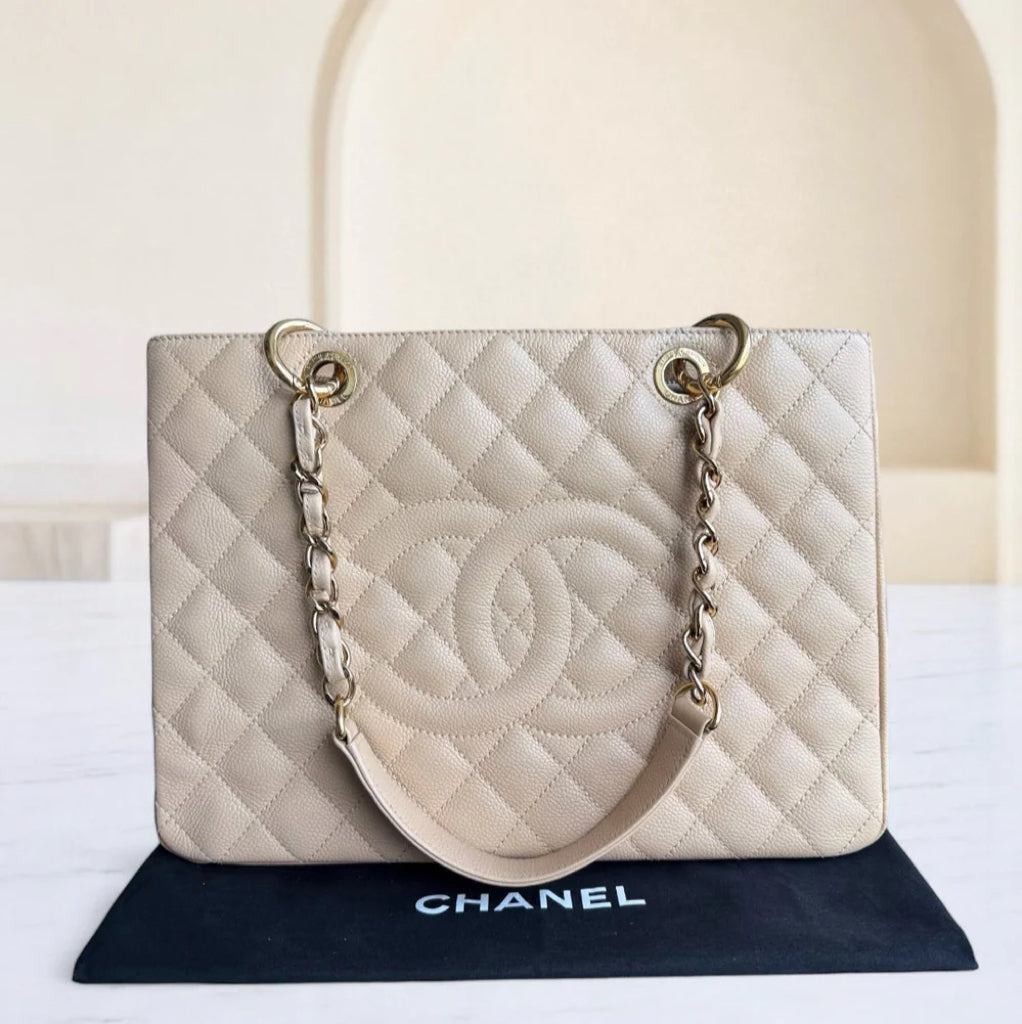 Chanel GST Grand Shopping Tote - Caviar Grained Beige Gold Tote Bag
