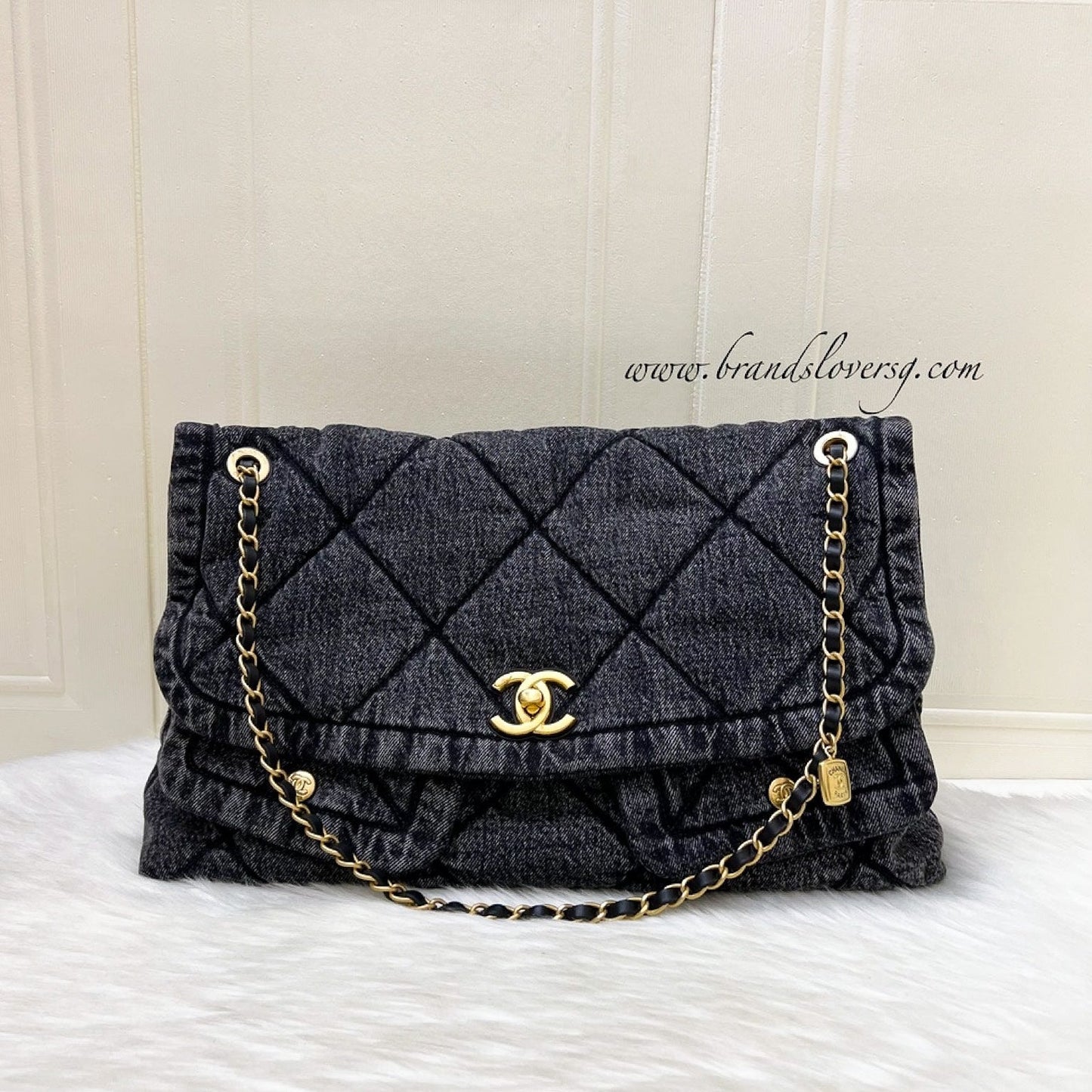Chanel Maxi Flapbag in Black Washed Denim and AGHW (Model: ) Accessory