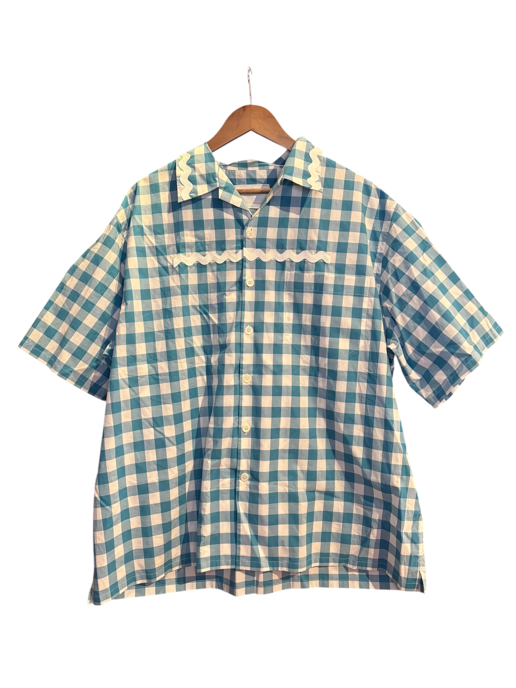 Prada Handbag Gingham Button Down Shirt Blue