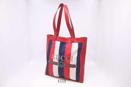 Gucci Sylvie Baiadera Stripes Canvas White Blue Red Tote Bag