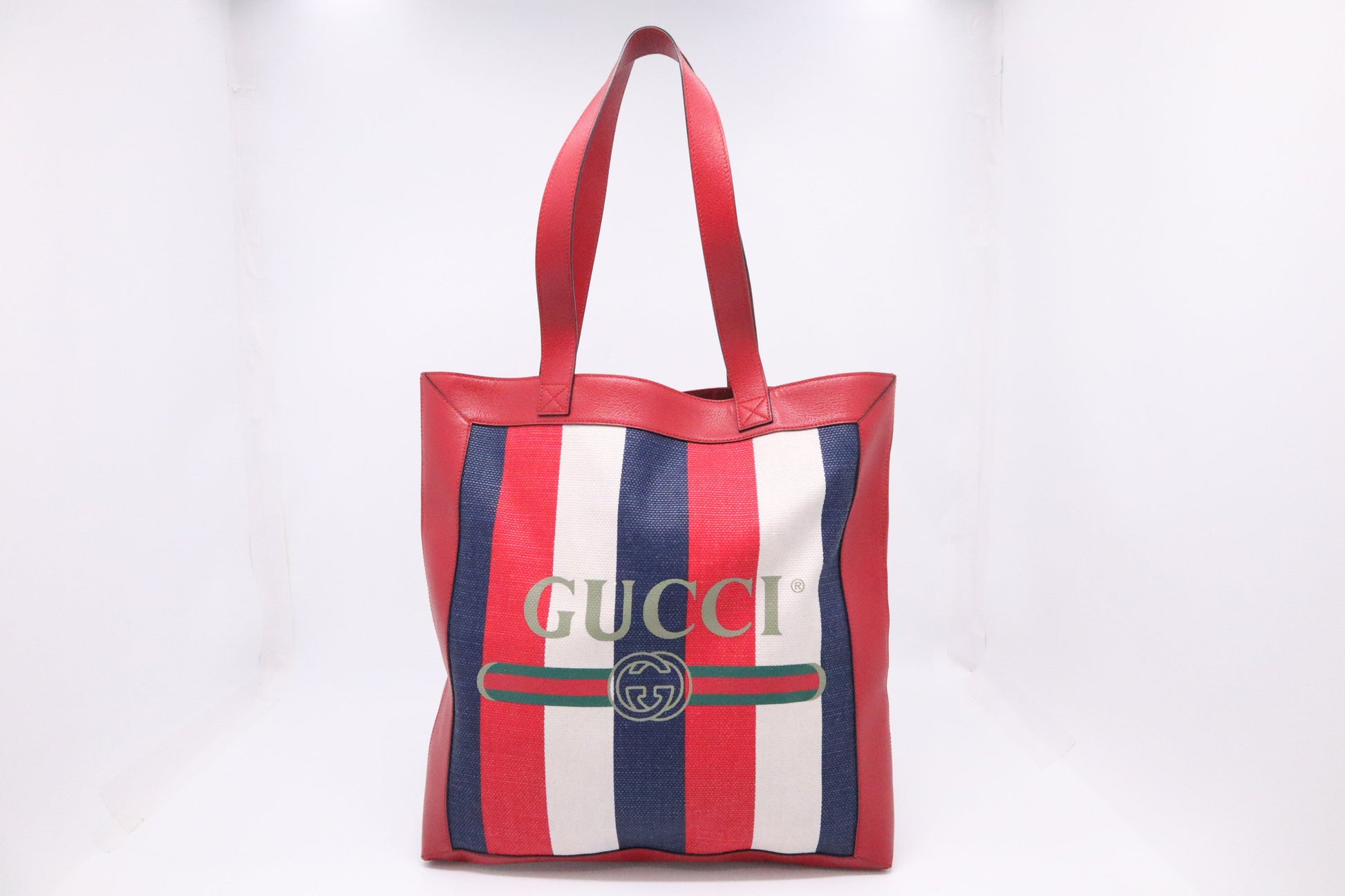 Gucci Sylvie Baiadera Stripes Canvas White Blue Red Tote Bag