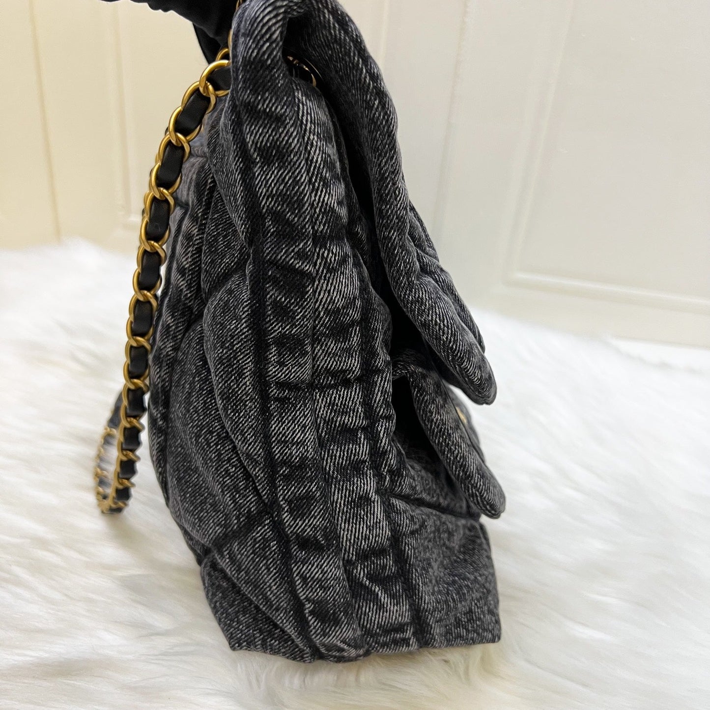 Chanel Maxi Flapbag in Black Washed Denim and AGHW (Model: ) Accessory