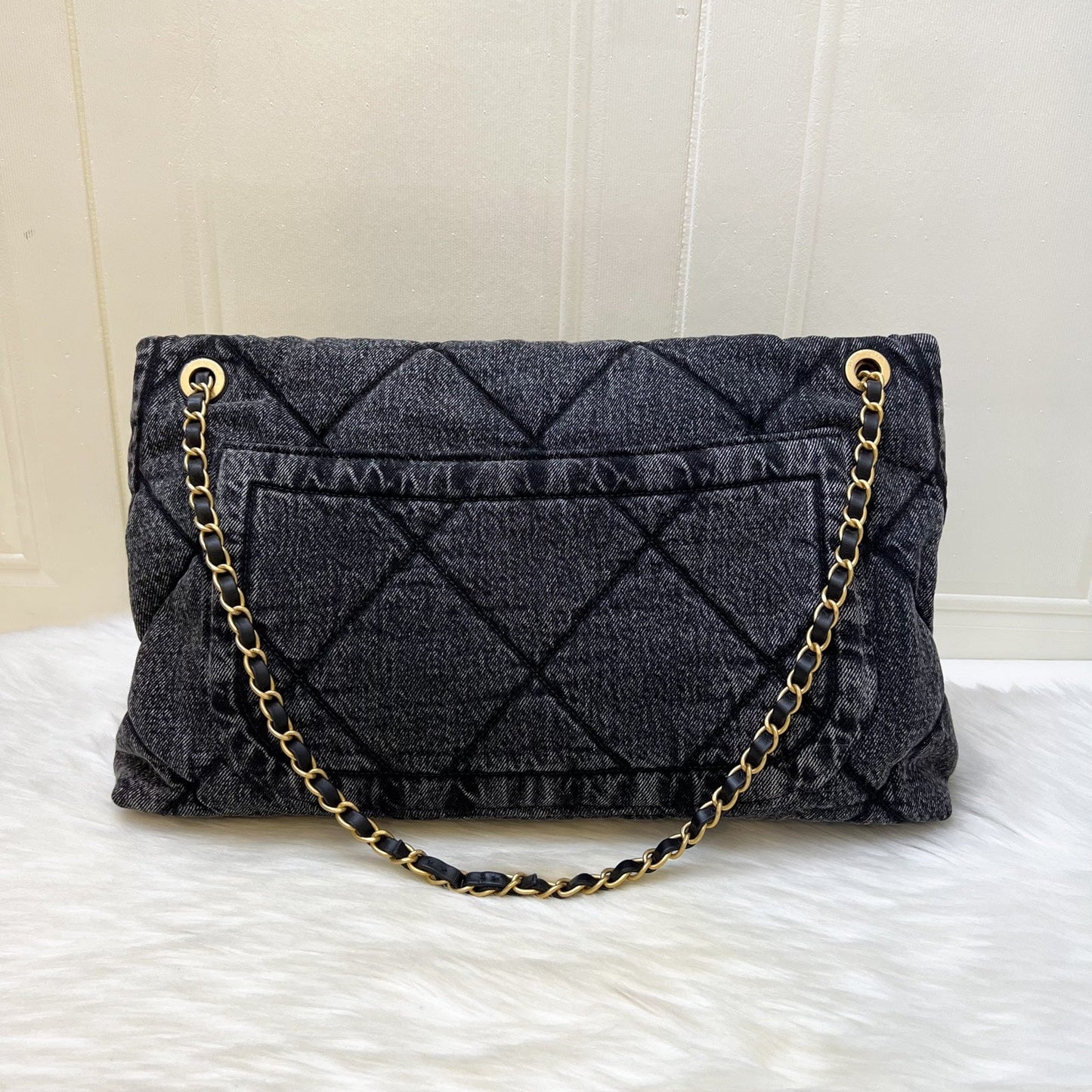 Chanel Maxi Flapbag in Black Washed Denim and AGHW (Model: ) Accessory