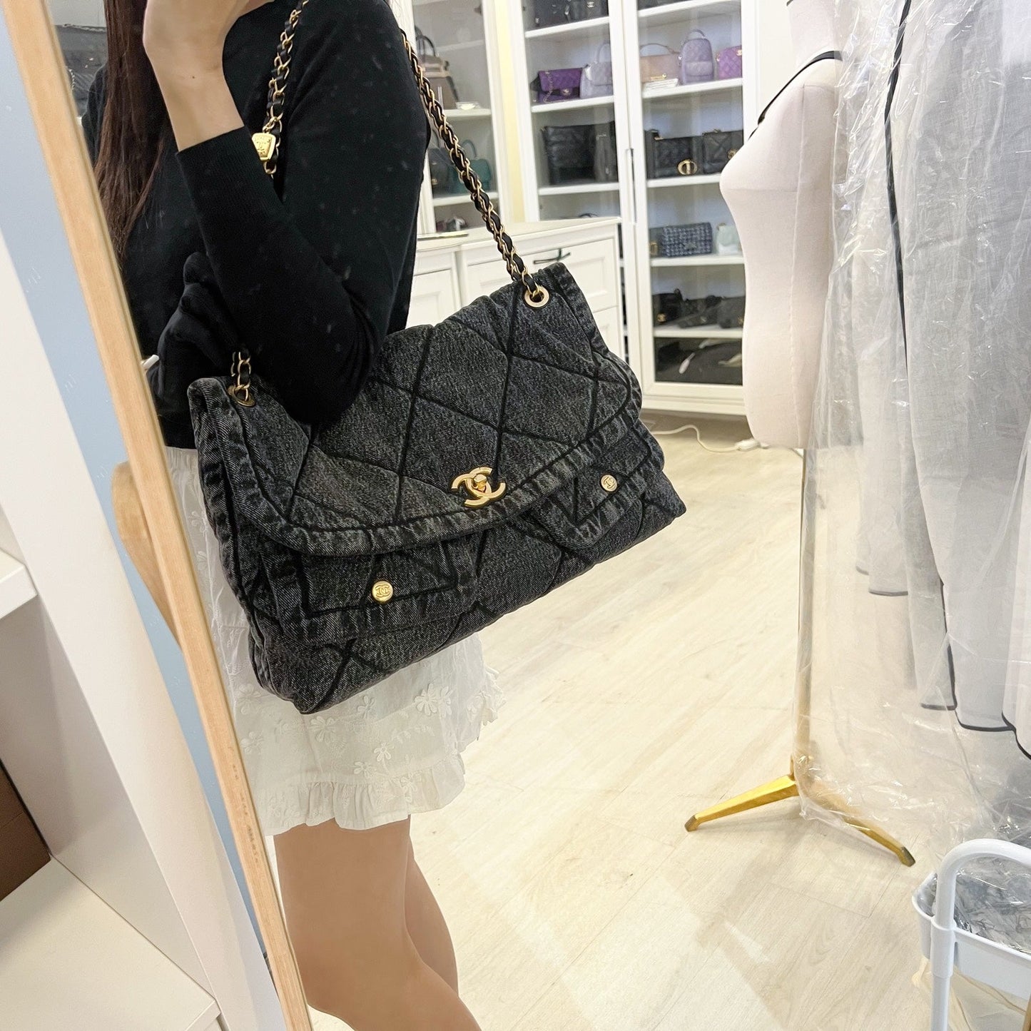 Chanel Maxi Flapbag in Black Washed Denim and AGHW (Model: ) Accessory