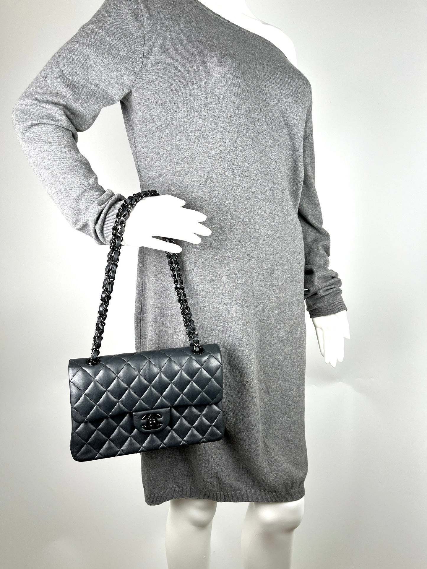 Chanel Charcoal So Black Lambskin Small Double Flap Quilted Shoulder Bag
