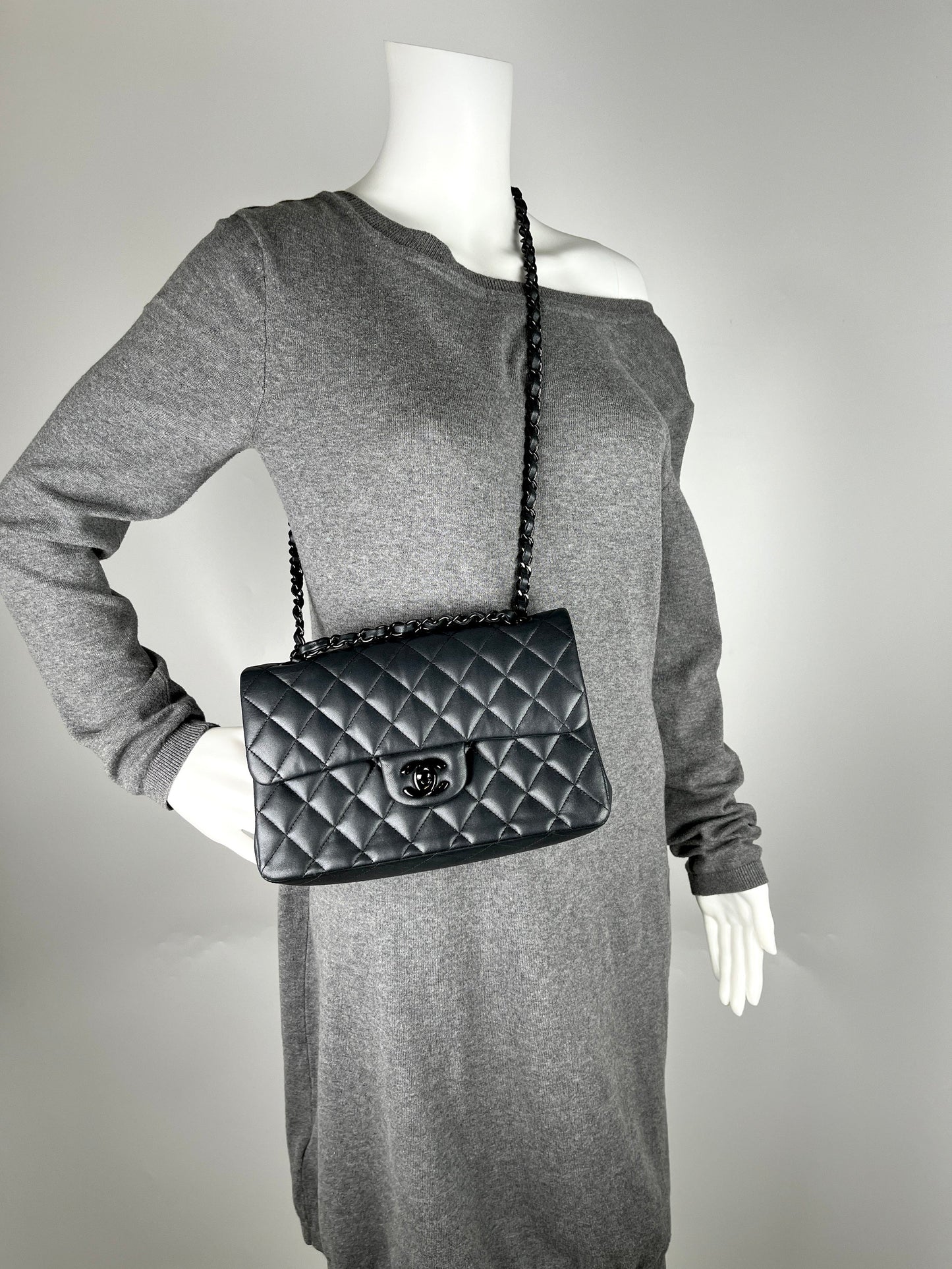 Chanel Charcoal So Black Lambskin Small Double Flap Quilted Shoulder Bag
