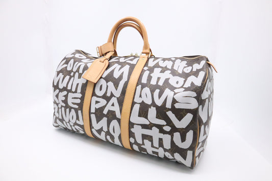 Louis Vuitton x Stephen Spro Keepall 50 Graffiti Monogram White Canvas Travel Bag