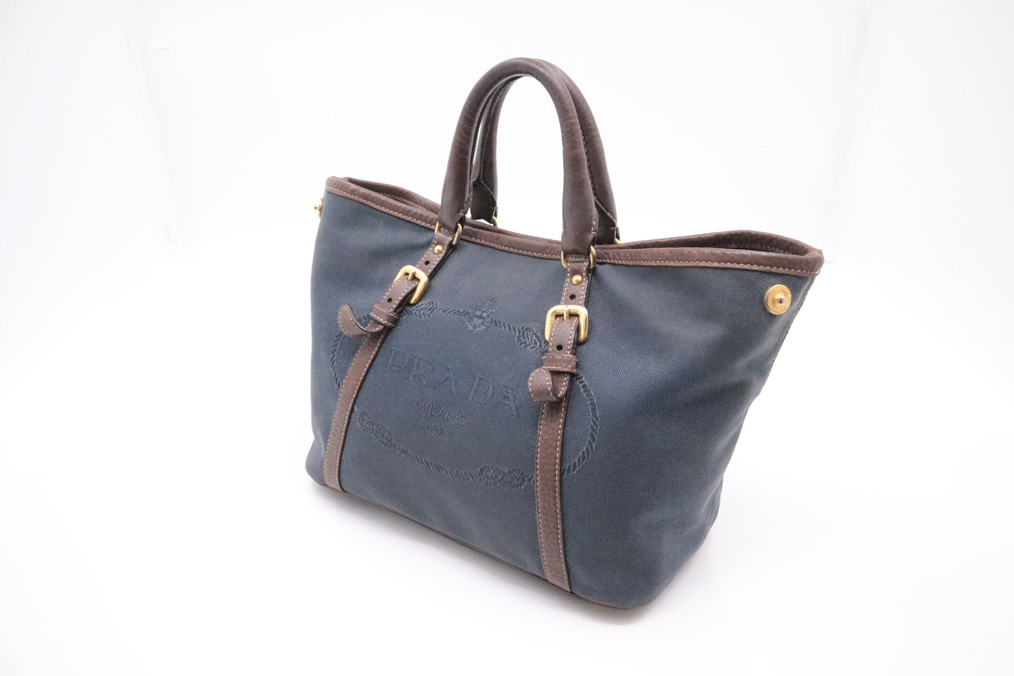 Prada Logo Handbag In And Navy Leather Canvas Travel Bag