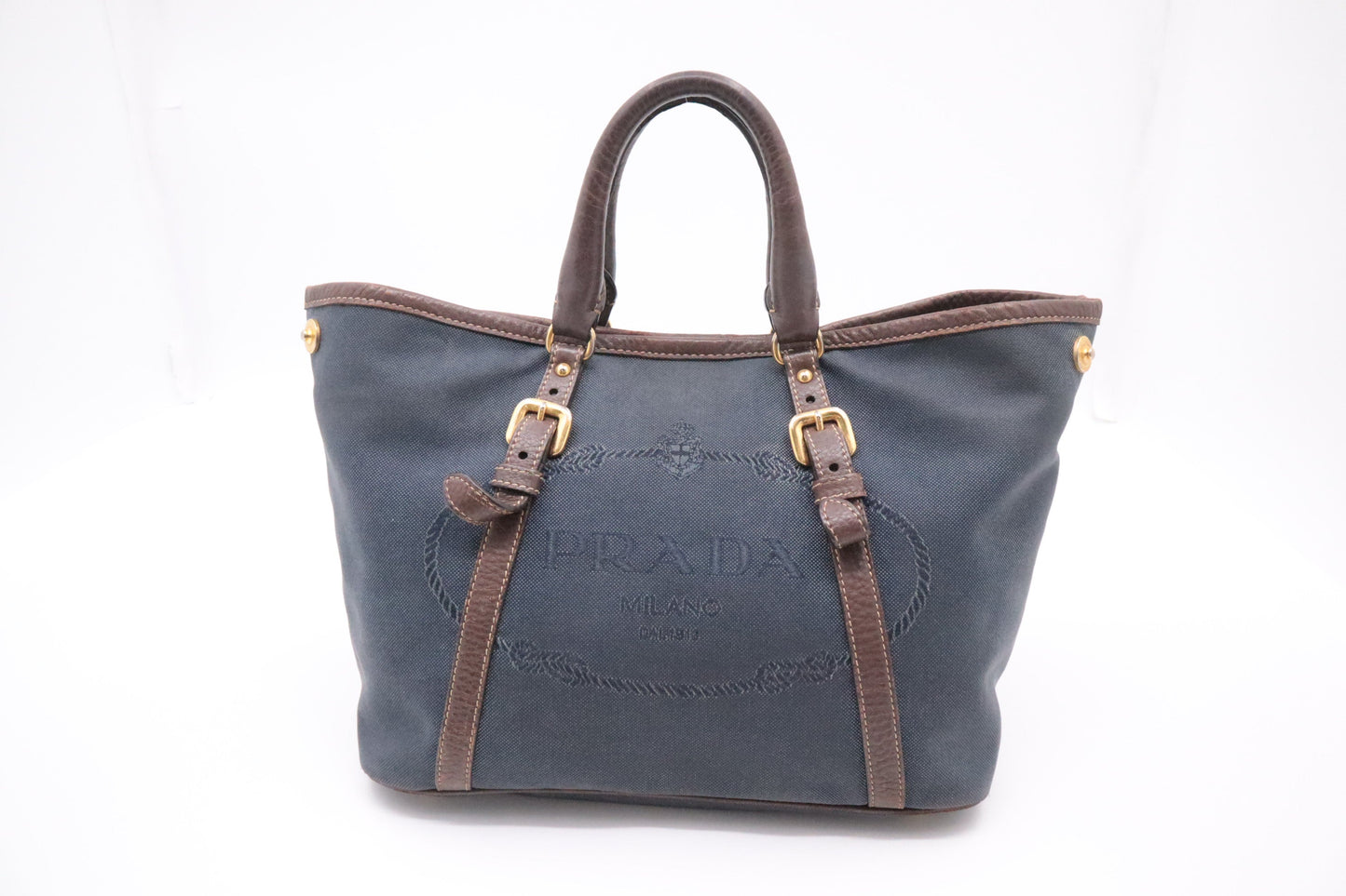 Prada Logo Handbag In And Navy Leather Canvas Travel Bag