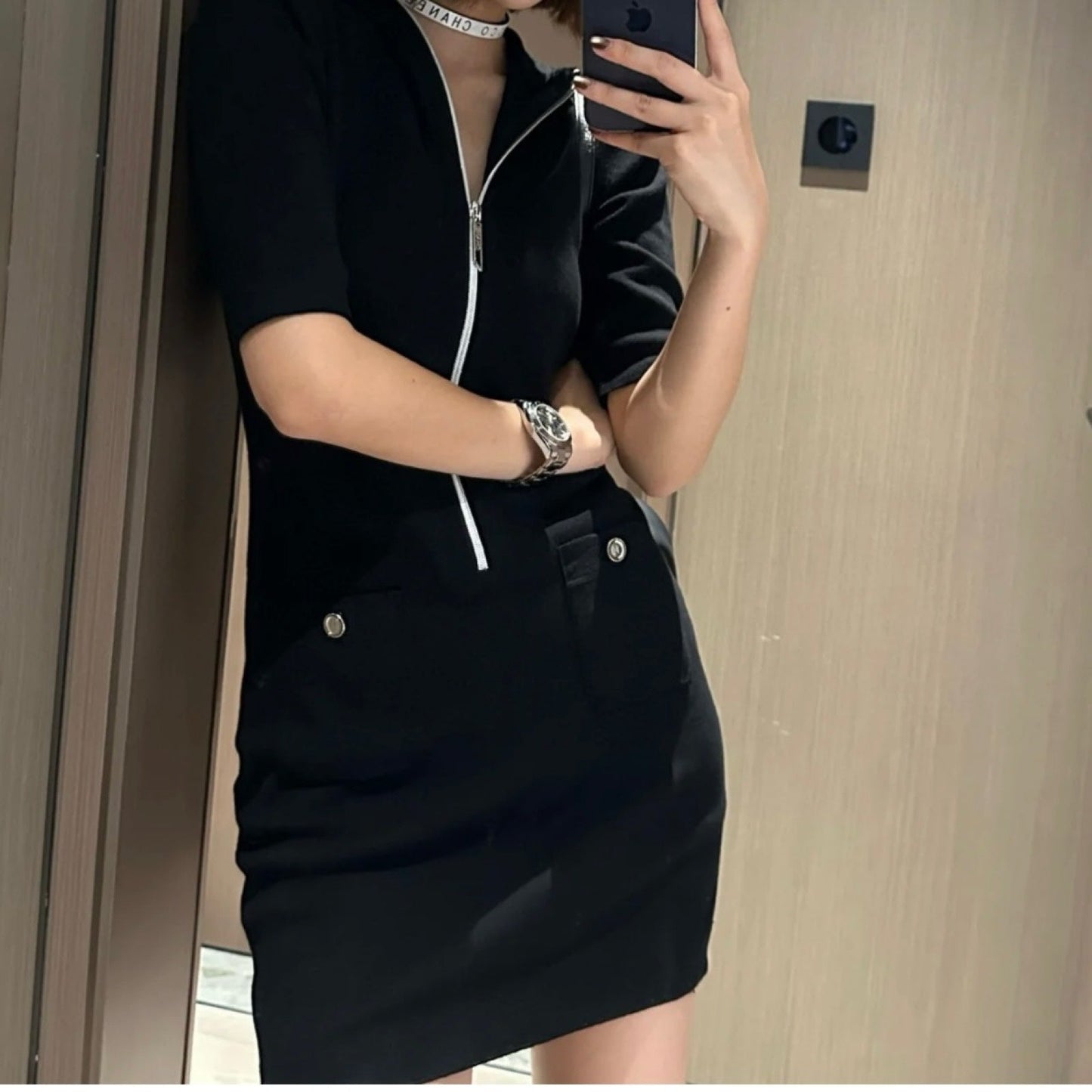 Chanel Zipped Hoodie Dress in Black Cotton and Cashmere Sz 40