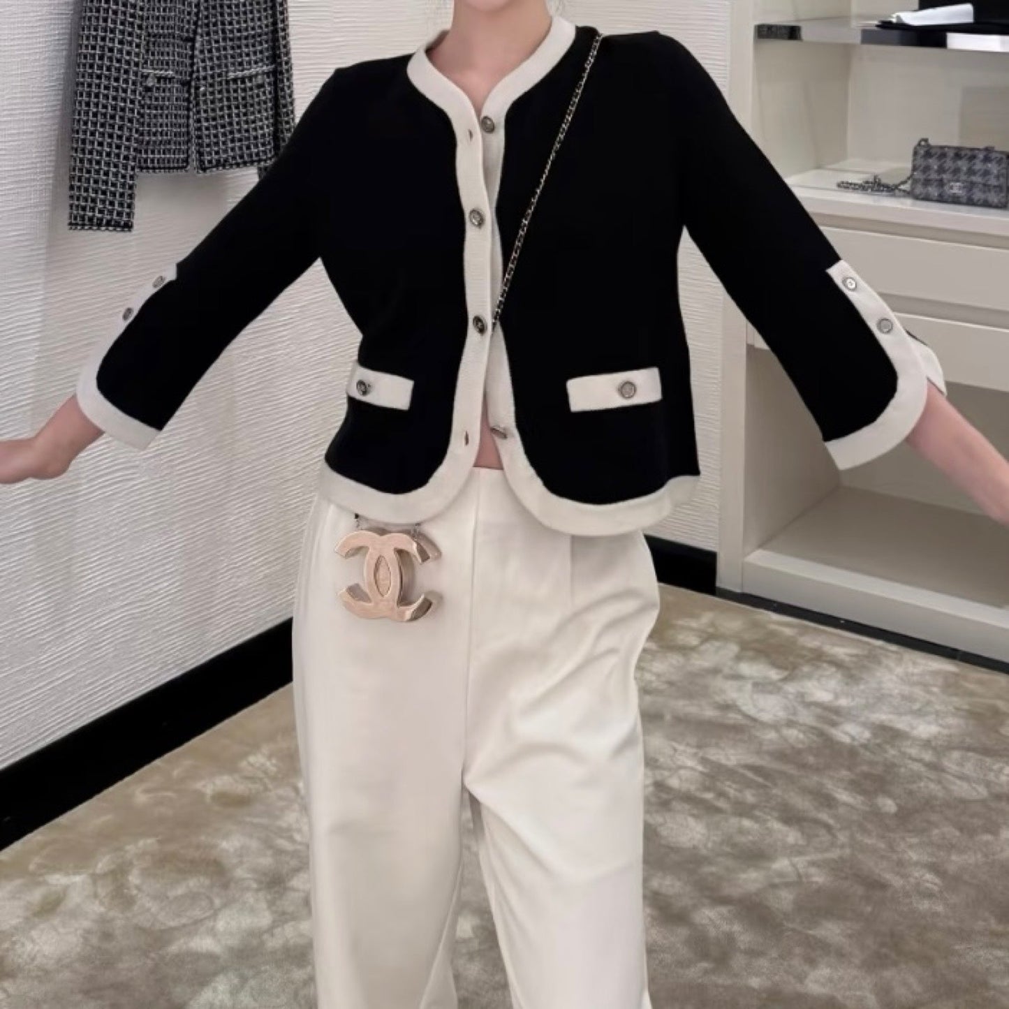 Chanel Cardigan With CC Logo Buttons in Black / White Cashmere Sz 38 Apparel