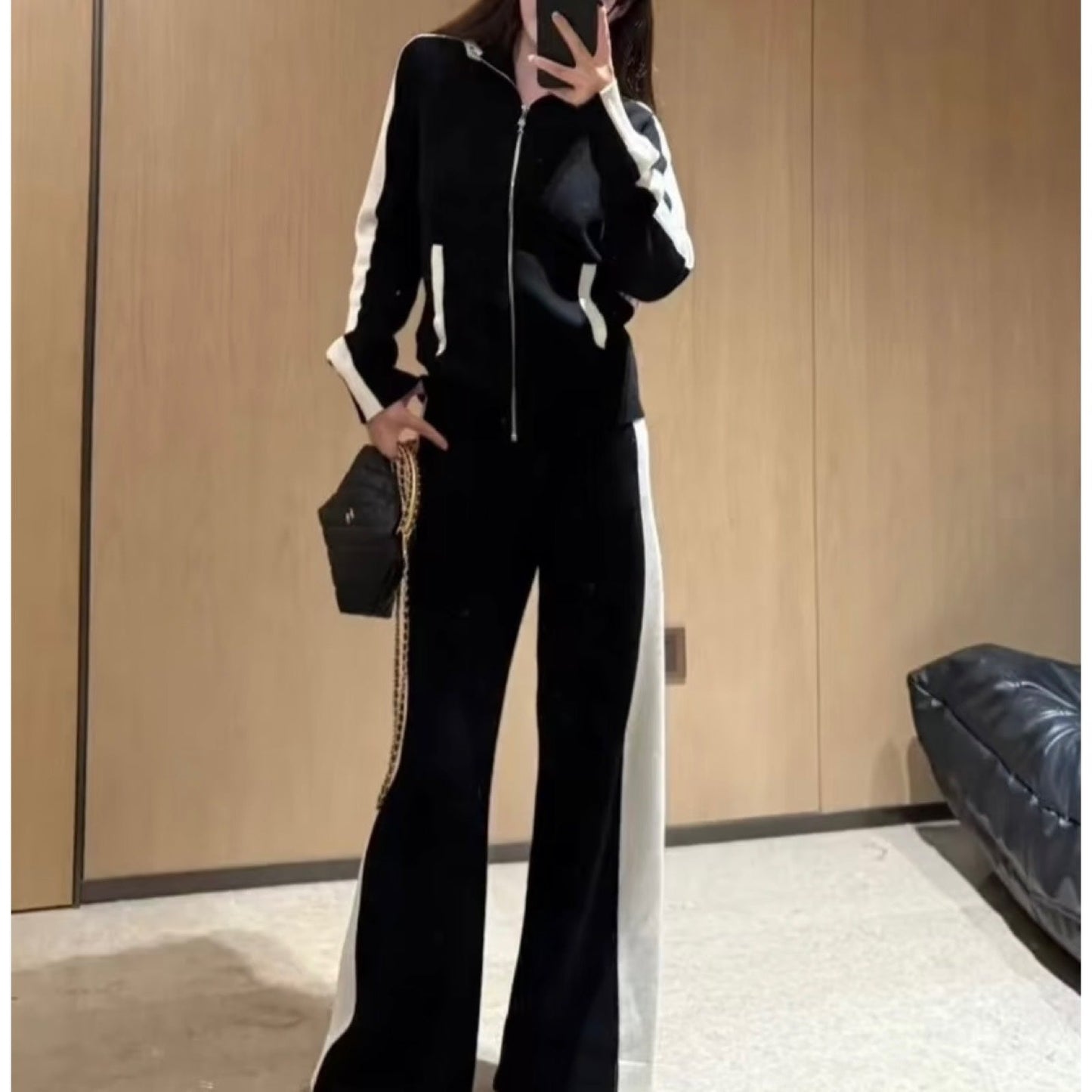 Chanel Zipped Cardigan in Black / White Cashmere Sz 38 (Model: ) Apparel