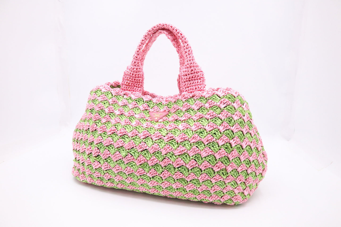 Prada Canapa Tote Large In And Crochet Handbag Raffia Pink Tote Bag