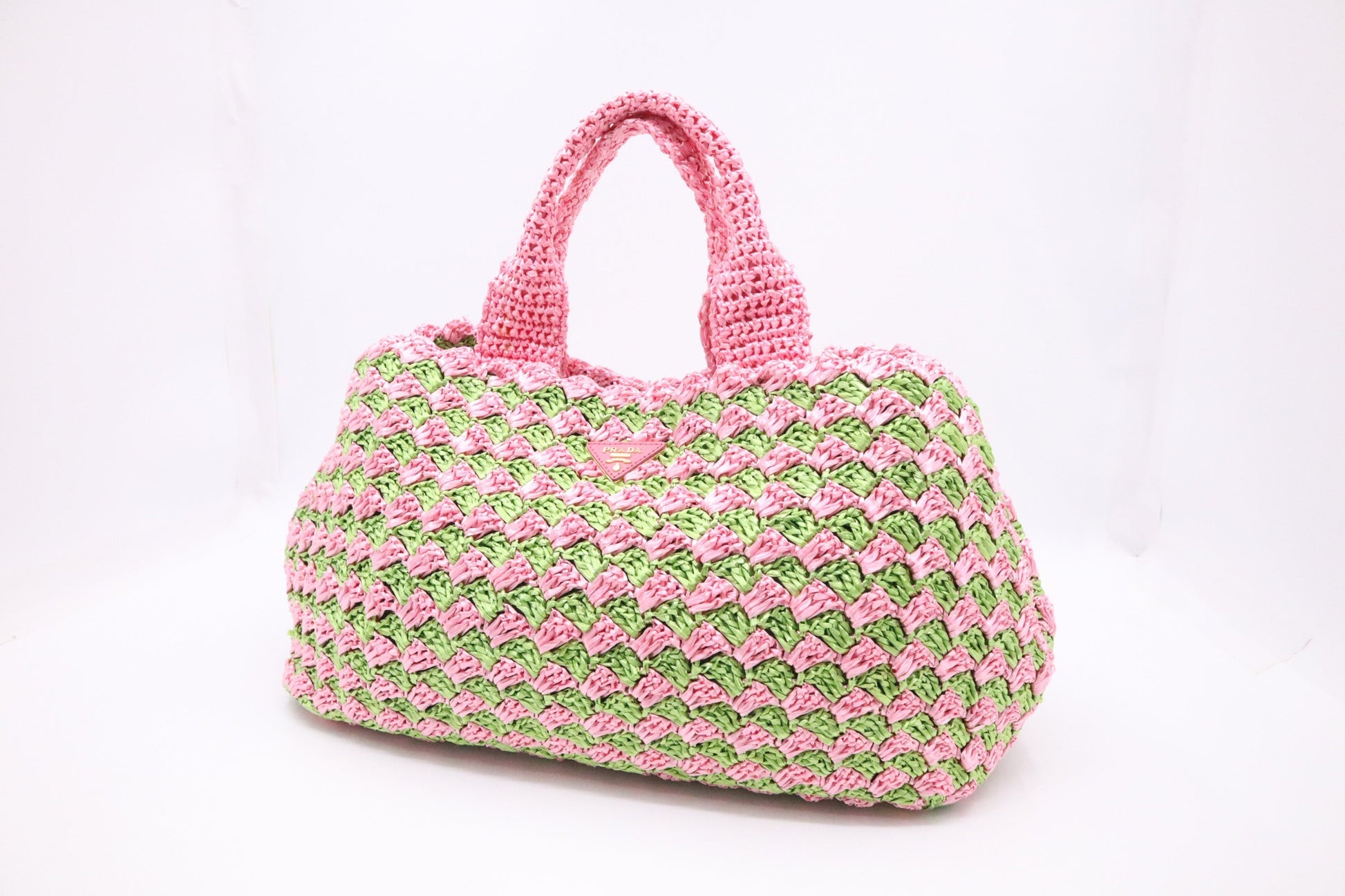 Prada Canapa Tote Large In And Crochet Handbag Raffia Pink Tote Bag