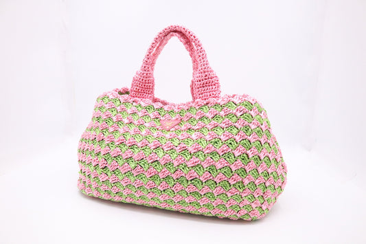 Prada Canapa Tote Large In And Crochet Handbag Raffia Pink Tote Bag