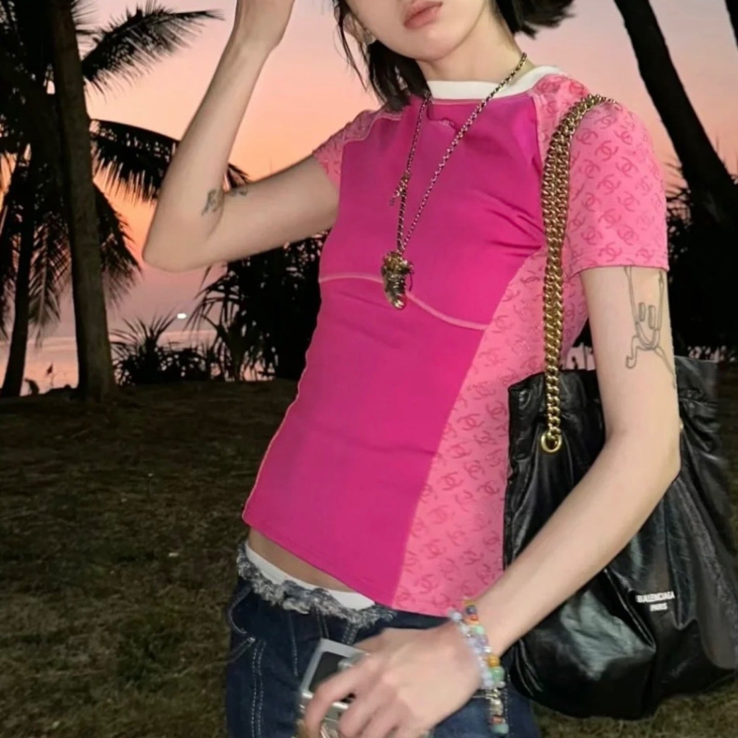 Chanel T-shirt Top in Hot Pink Polyamide / Elastane Sz 36