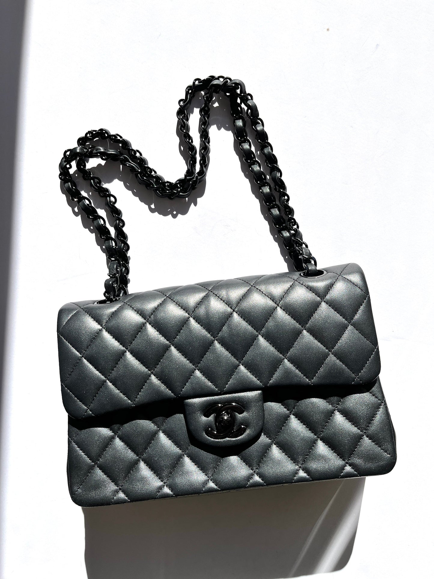 Chanel Charcoal So Black Lambskin Small Double Flap Quilted Shoulder Bag