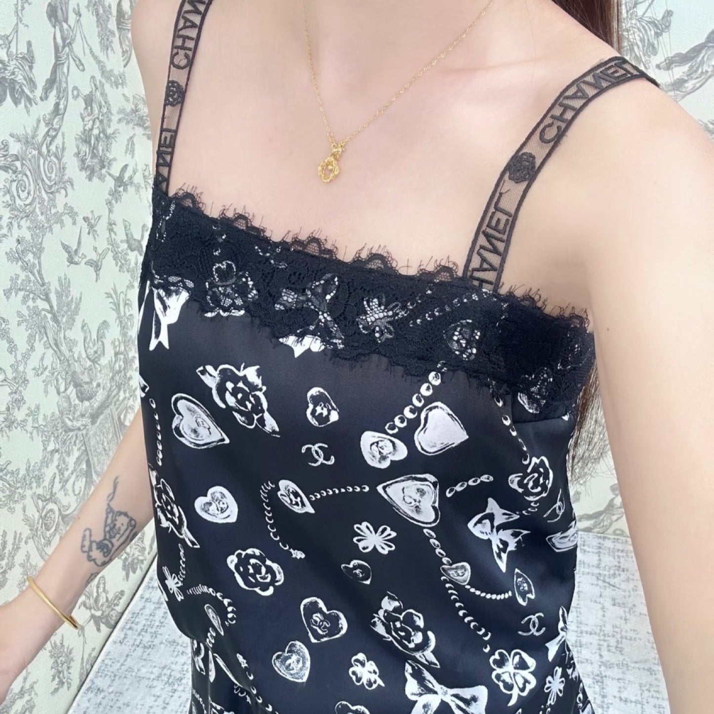 Chanel Camisole Top in Black Silk with White Prints Sz 38 Accessory