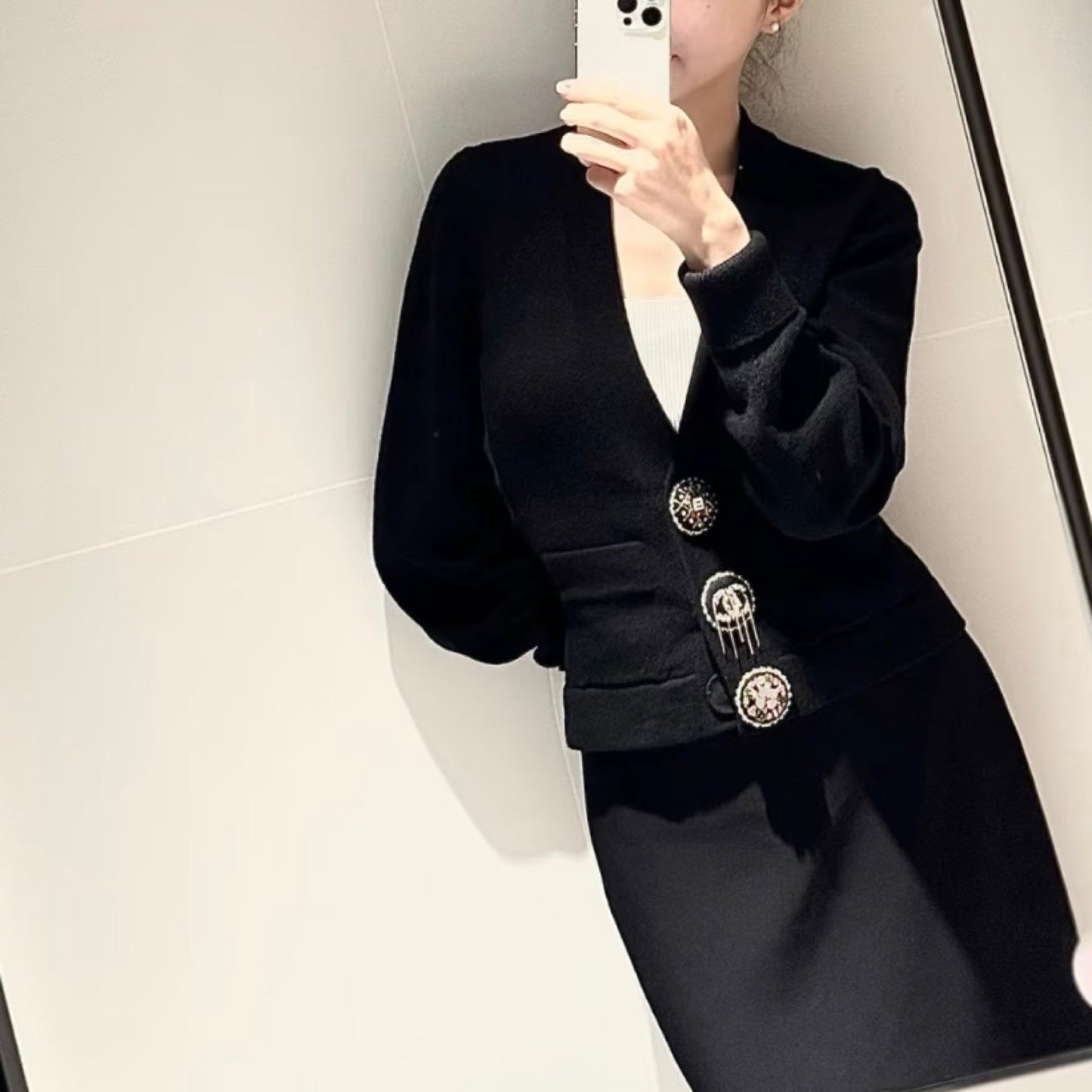 Chanel Runway Cardigan in Black Cashmere with Embellished Buttons Sz 44 Apparel