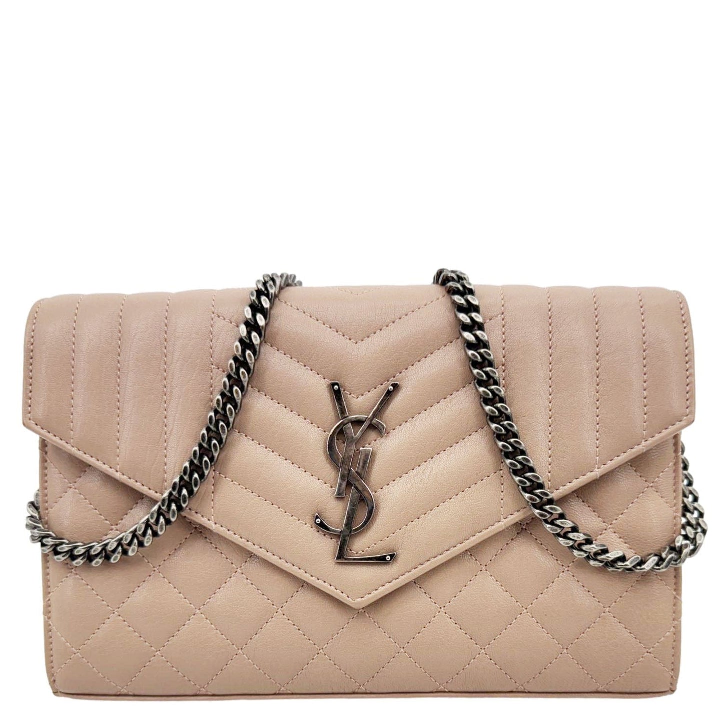 YSL Saint Laurent Yves Envelope Sheepskin Shoulder Bag Dark Leather Beige Chain