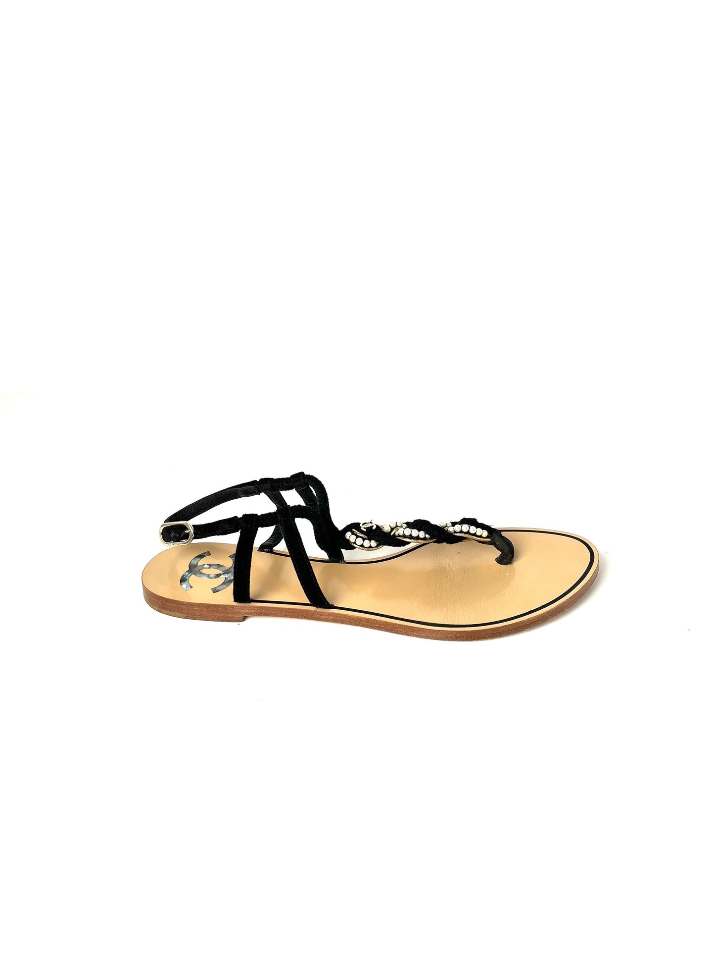 Chanel Faux Pearl Rope CC Logo Flat T Strap Black Sandals 39 C 8