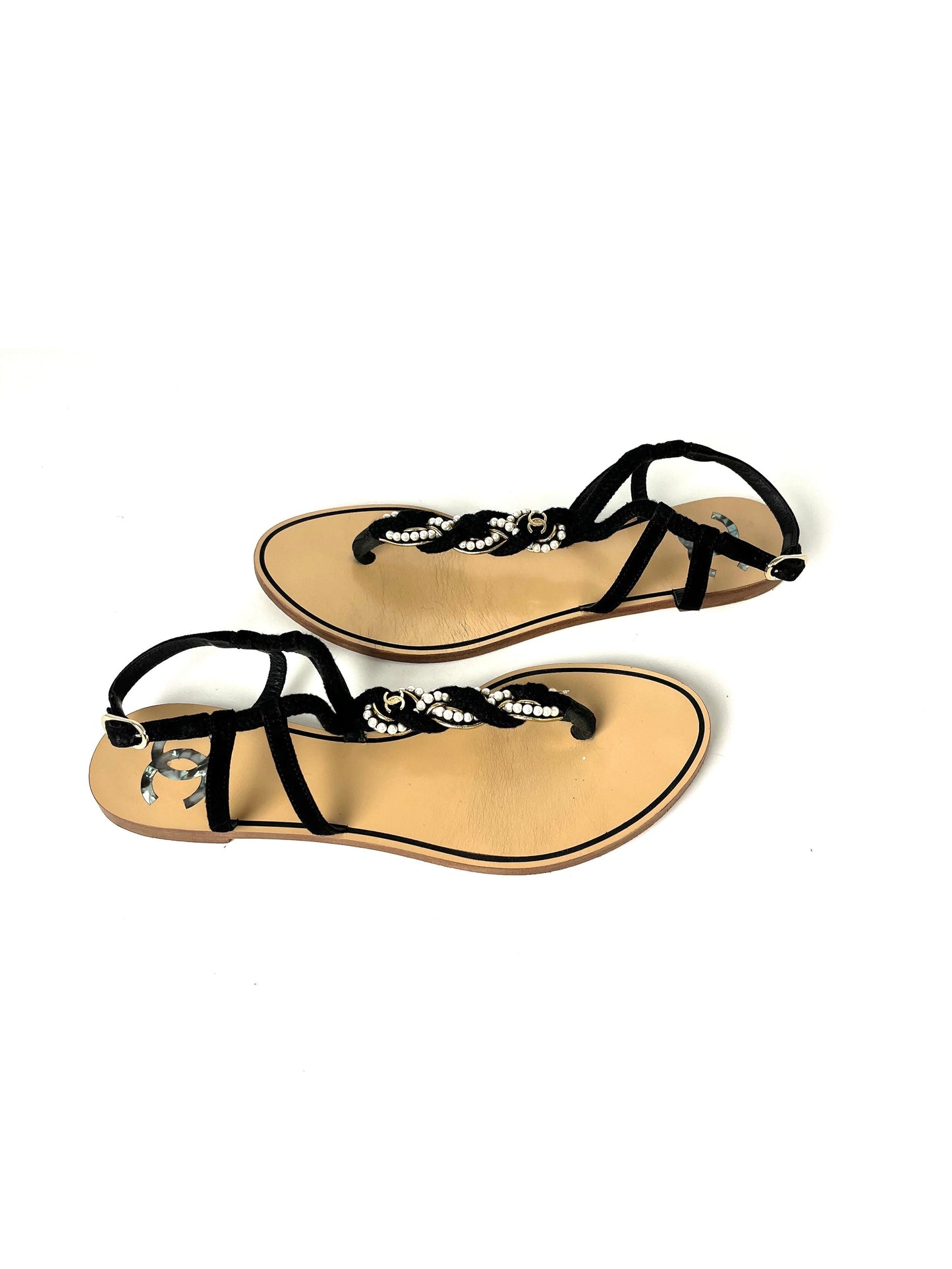 Chanel Faux Pearl Rope CC Logo Flat T Strap Black Sandals 39 C 8