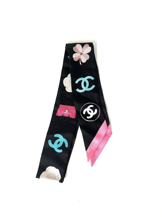 Chanel Black Print Dog CC Logo Camelia Thin Silk Bandeau Scarf