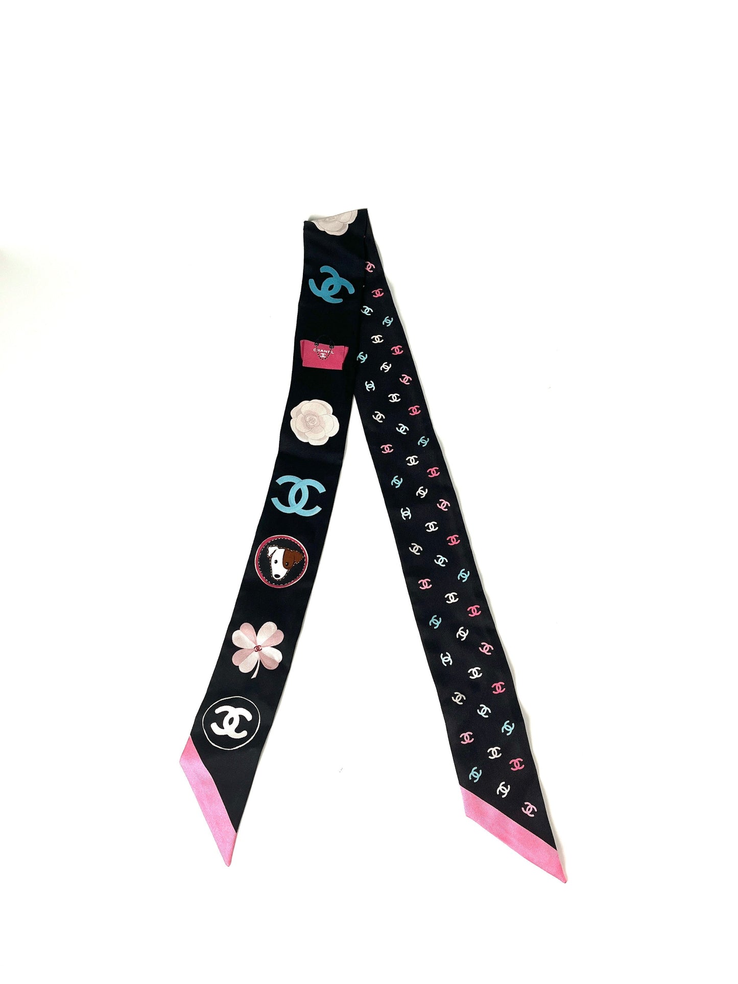 Chanel Black Print Dog CC Logo Camelia Thin Silk Bandeau Scarf