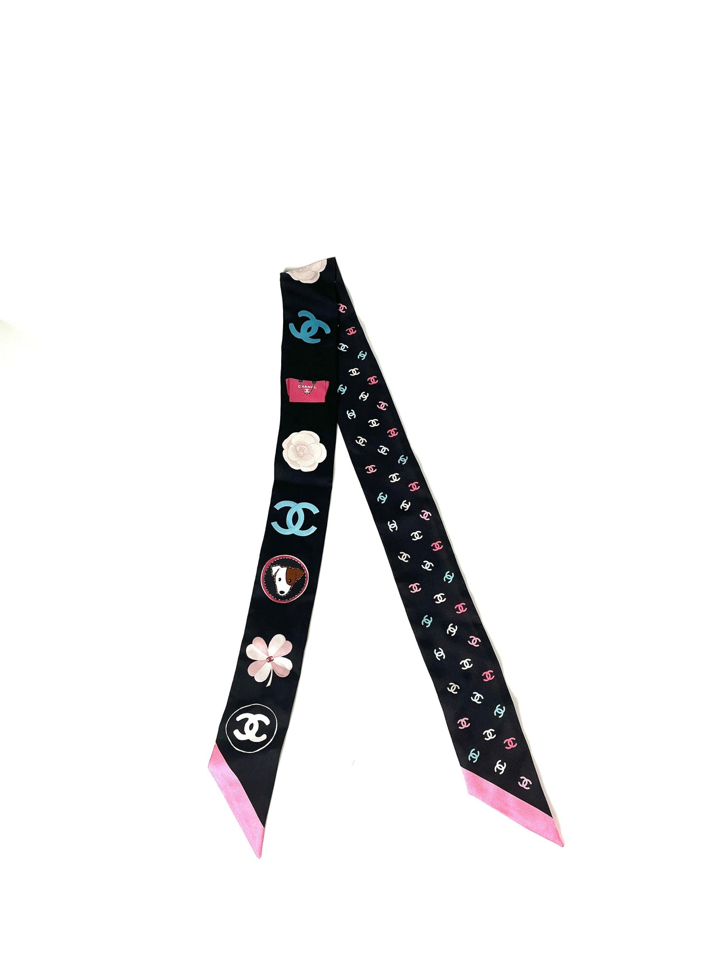 Chanel Black Print Dog CC Logo Camelia Thin Silk Bandeau Scarf