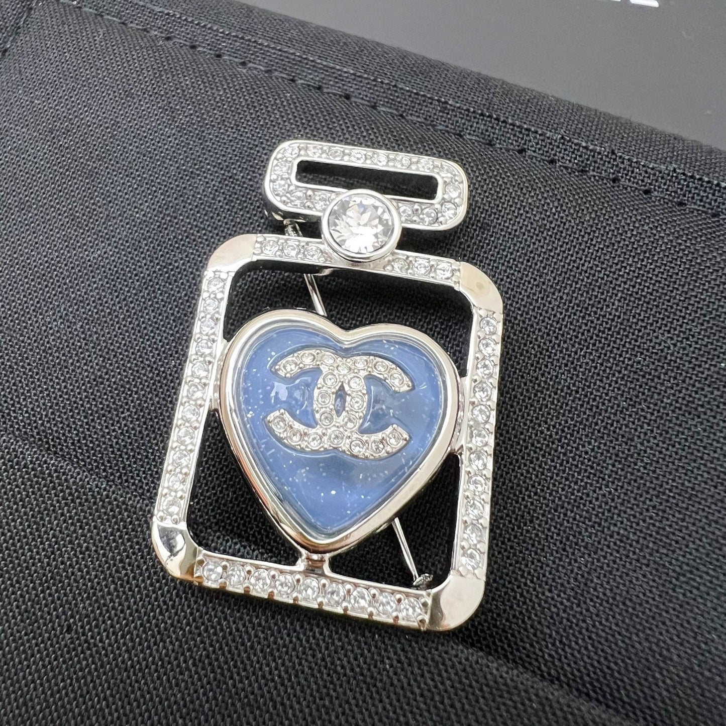 Chanel Perfume Bottle Brooch with Denim Detail and Crystals in SHW