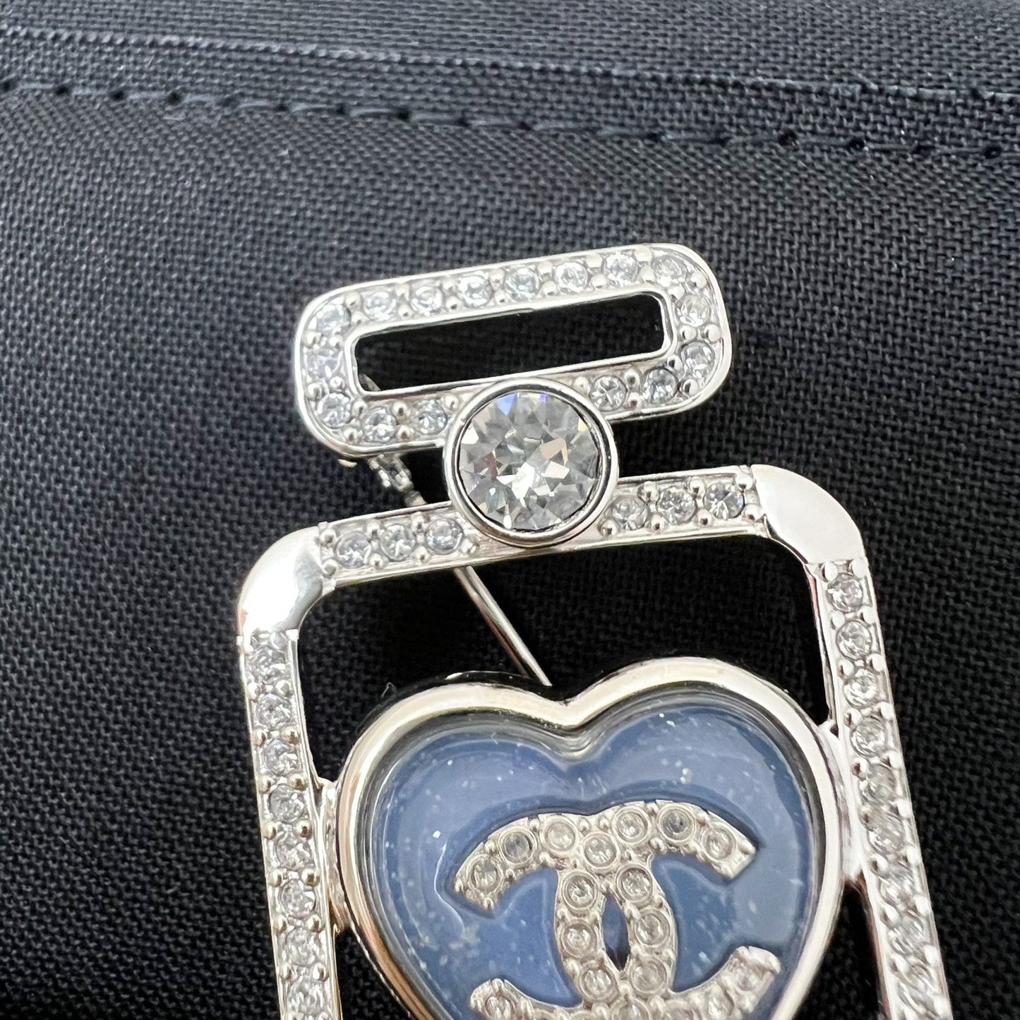 Chanel Perfume Bottle Brooch with Denim Detail and Crystals in SHW
