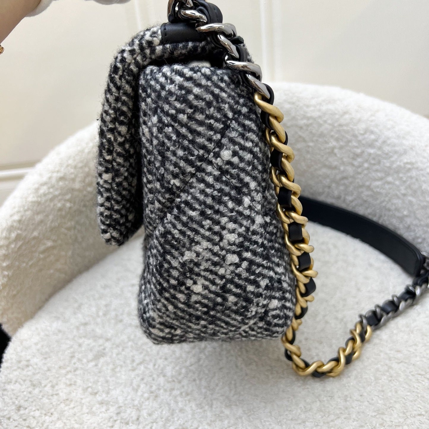 Chanel 19 Small Flap in Black and White Tweed Fabric and 3-tone HW Accessory