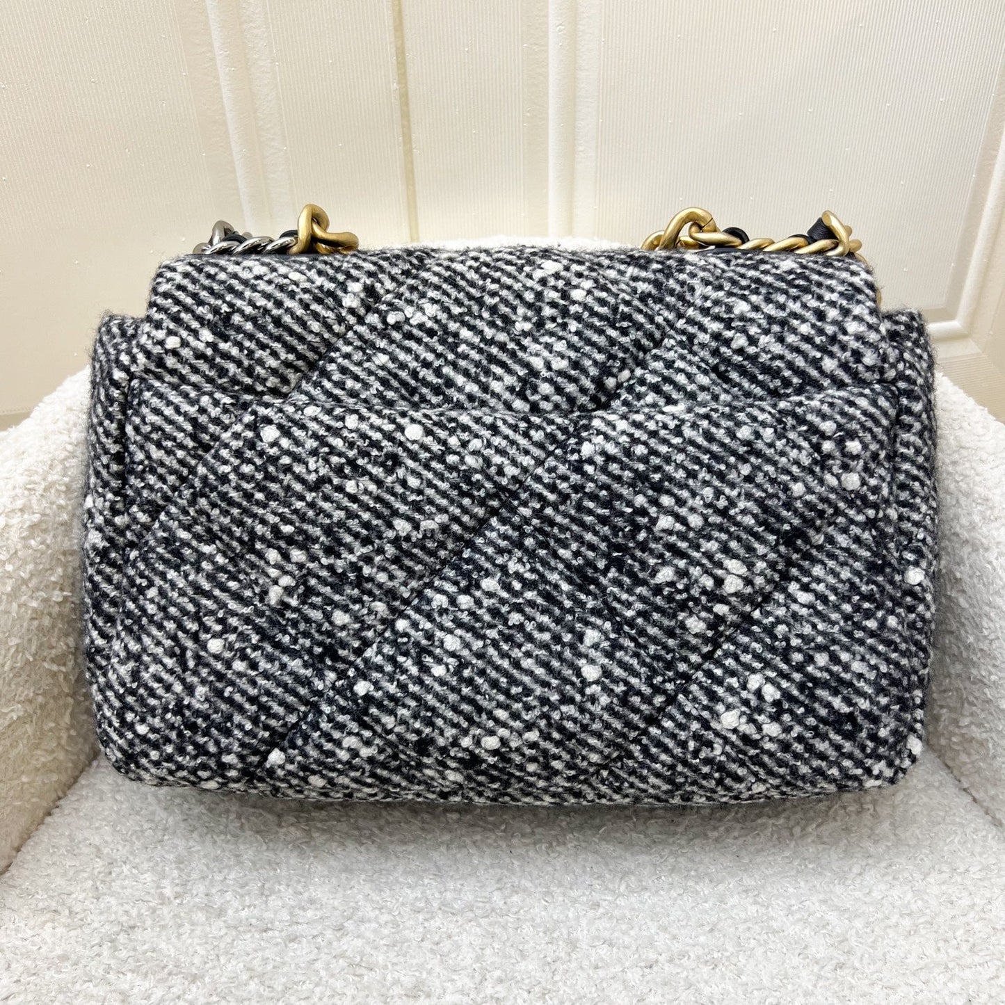Chanel 19 Small Flap in Black and White Tweed Fabric and 3-tone HW Accessory