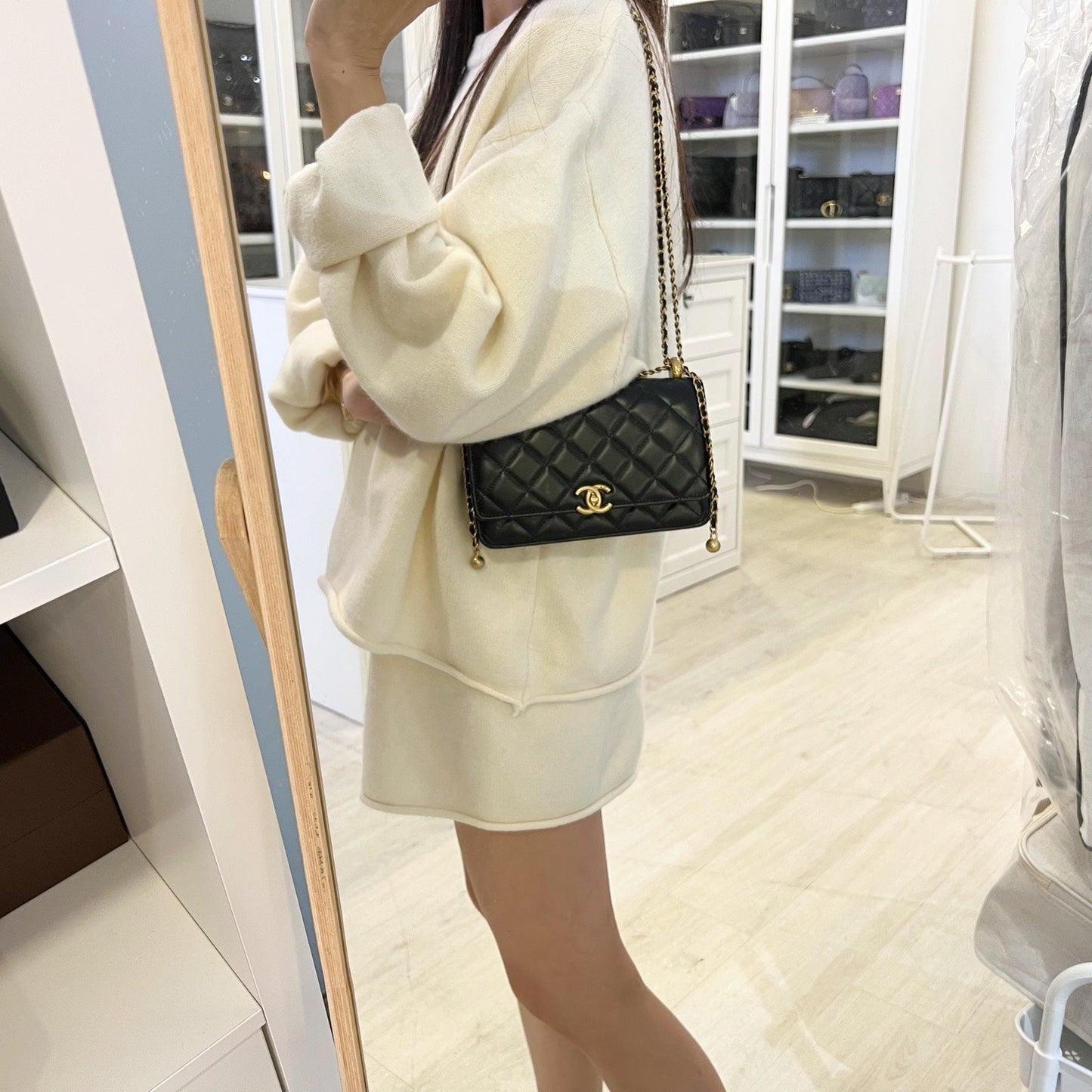 Chanel Double Pearl Adjustable Chain Wallet on Chain WOC in Black Calfskin and AGHW (Model: ) Bag