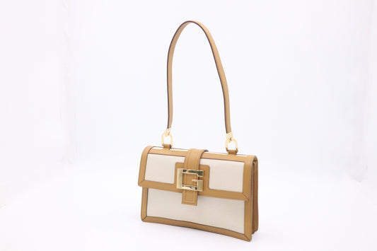 Gucci Cream Canvas Tan Leather Shoulder Bag