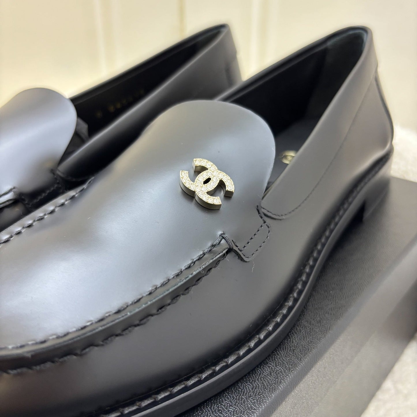 Chanel Mocassins with Diamantes Studded CC Logo in Black Smooth Calfskin Shoes