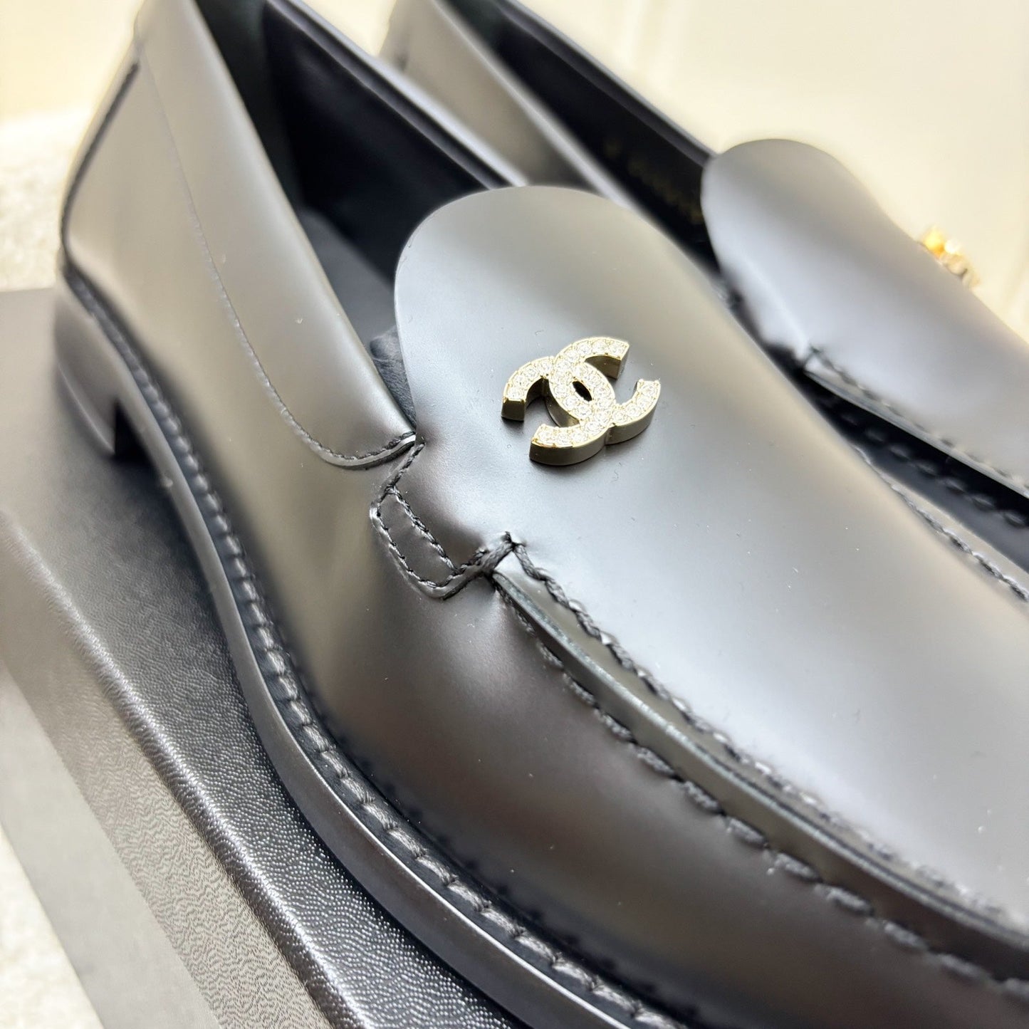 Chanel Mocassins with Diamantes Studded CC Logo in Black Smooth Calfskin Shoes