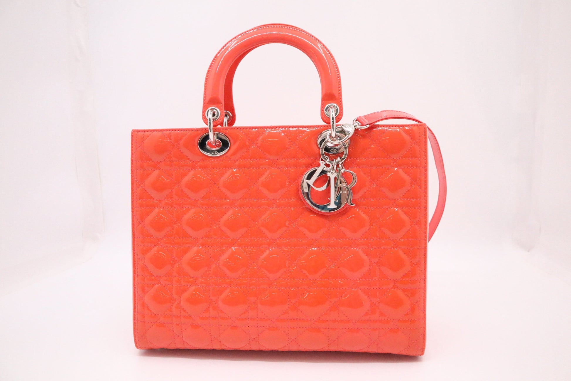 Dior Lady In Orange Cannage Patent Handbag Leather Large Travel Bag